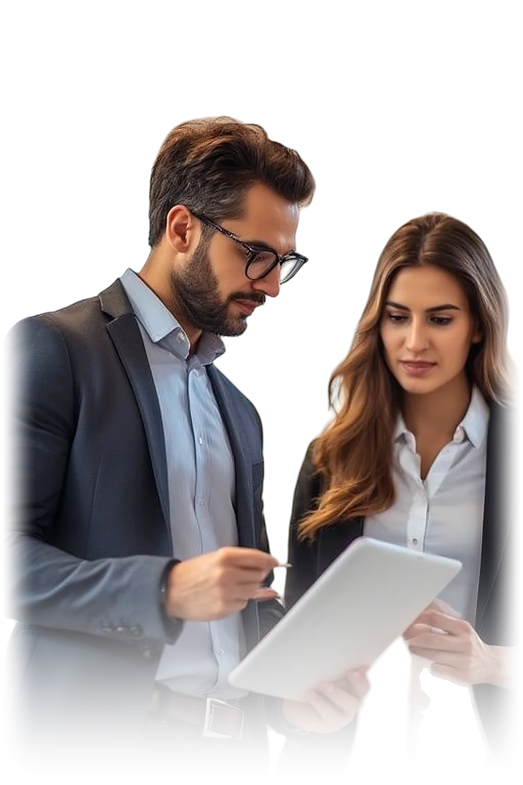 Two Startex Hub advisors reviewing a client's company file on a tablet in Dubai